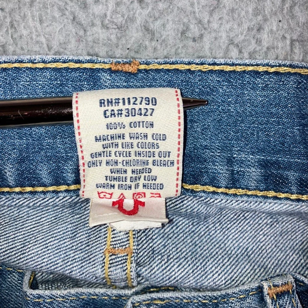 Vtg True Religion Slim Straight Jeans Men 34 Blue Flap Pocket Whiskered USA Made